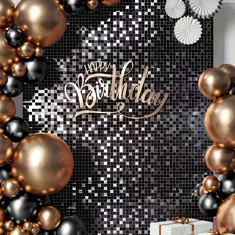 Golden sequin rain curtain for parties, no power required, ideal for birthdays and weddings.