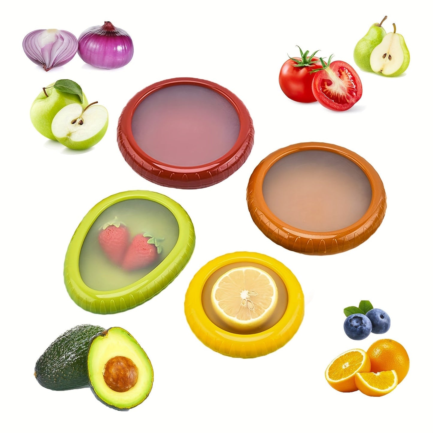 Reusable Avocado and Tomato Holder with 1 set - Great for storing fruits and vegetables like apples, garlic, onions, lemons, and potatoes - Can be hand washed or placed in the dishwasher - A convenient kitchen accessory for storage.