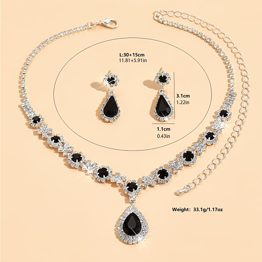 Vintage Elegant Jewelry Set: Stunning Synthetic Teardrop Rhinestone Necklace and Earrings in Silver Plated Copper. Featuring a Heart Theme and December Birthstone, this set is perfect for both Daily Wear and Party Occasions. Makes a romantic Valentine's