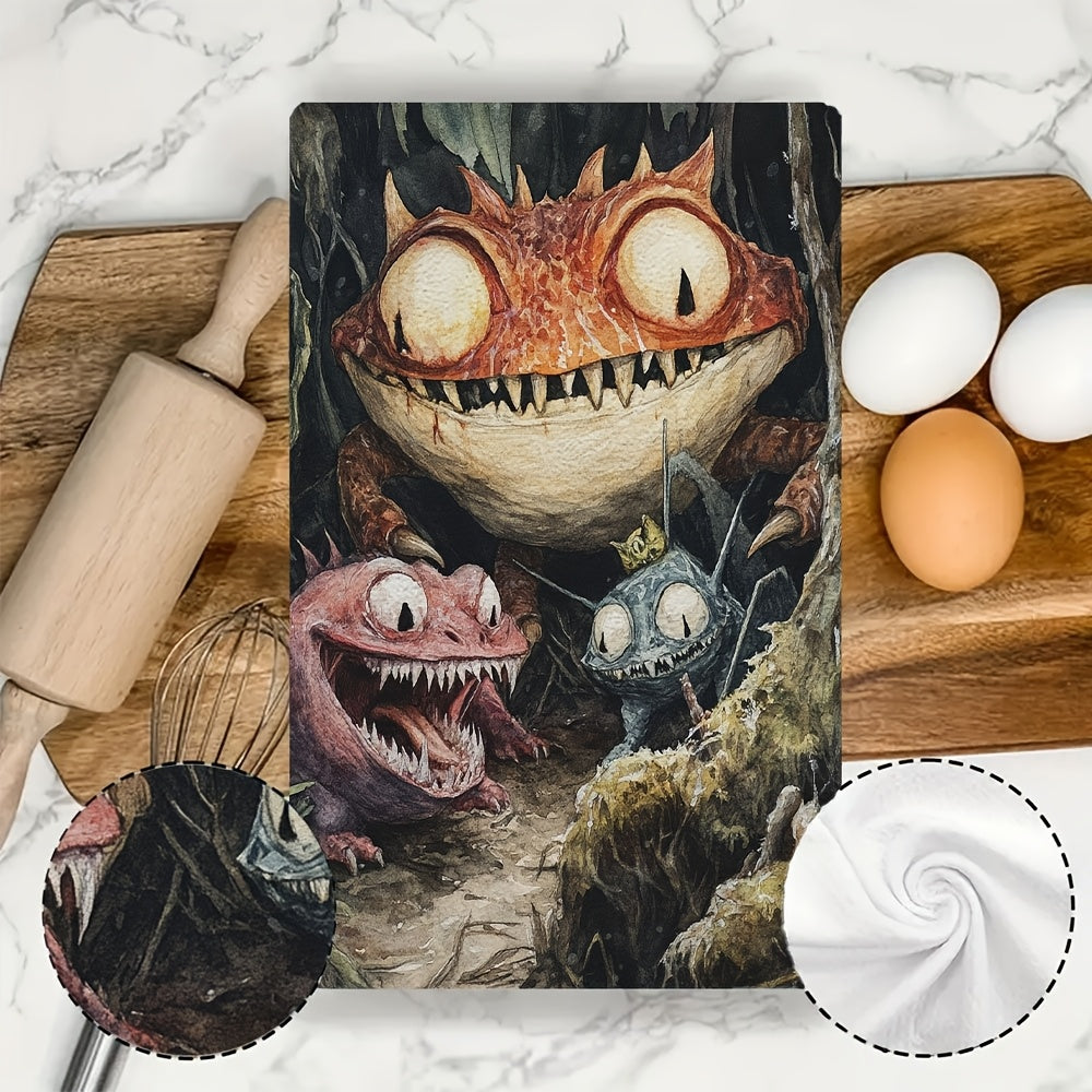 Two pieces of incredibly plush kitchen towels featuring designs of Cryptid Creatures from around the world. These highly absorbent and machine washable dish towels measure 40.64x60.96 cm, making them perfect for holiday decor in the kitchen. These