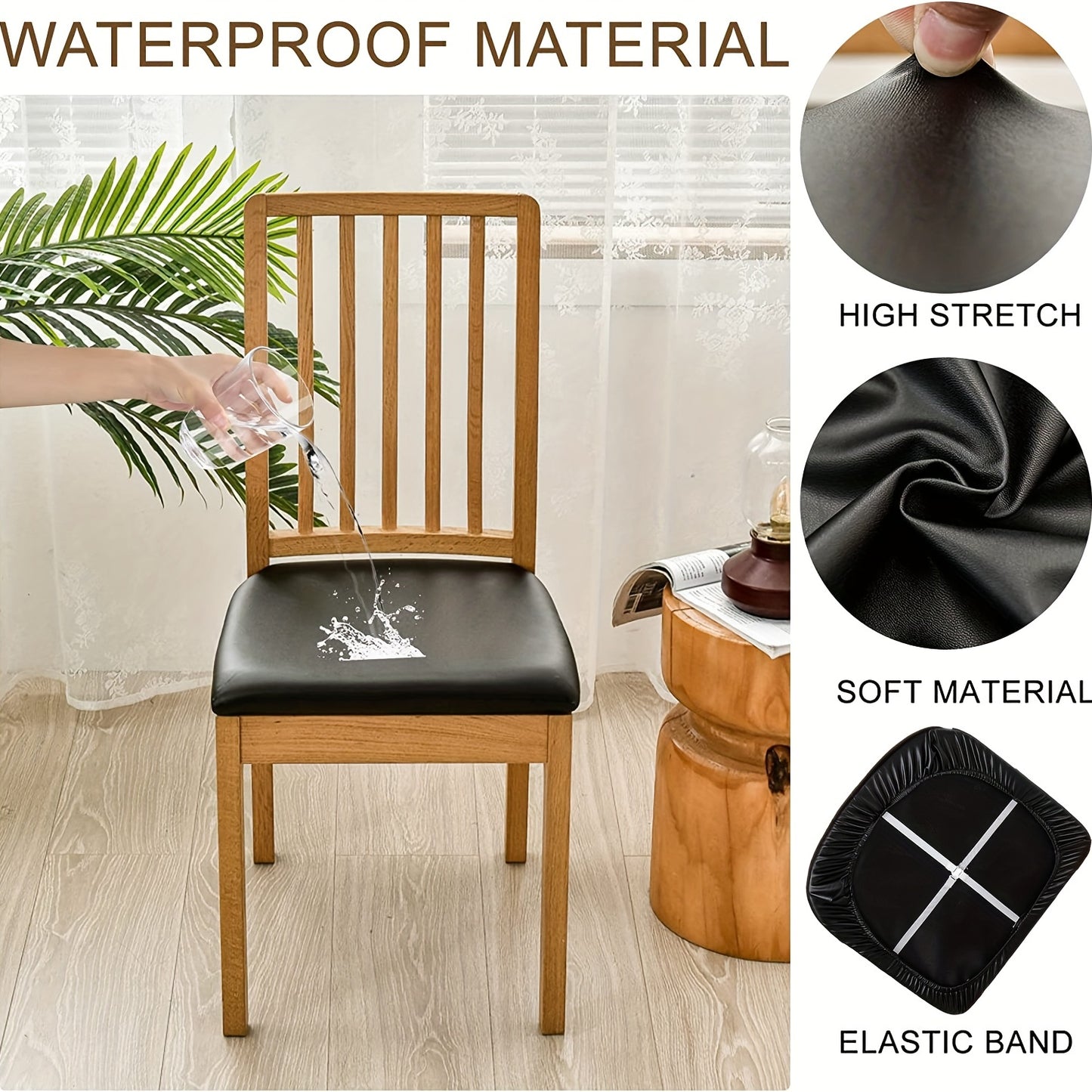 Waterproof PU leather chair slipcovers for dining room, kitchen, hotel, and home décor.