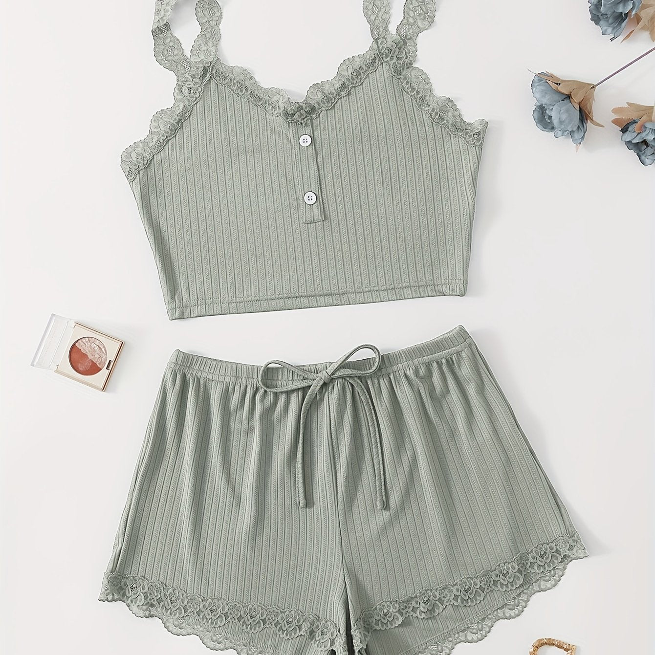 Ribbed lace trim pajama set for women includes a V-neck crop top and shorts with a comfortable fit for summer nights.