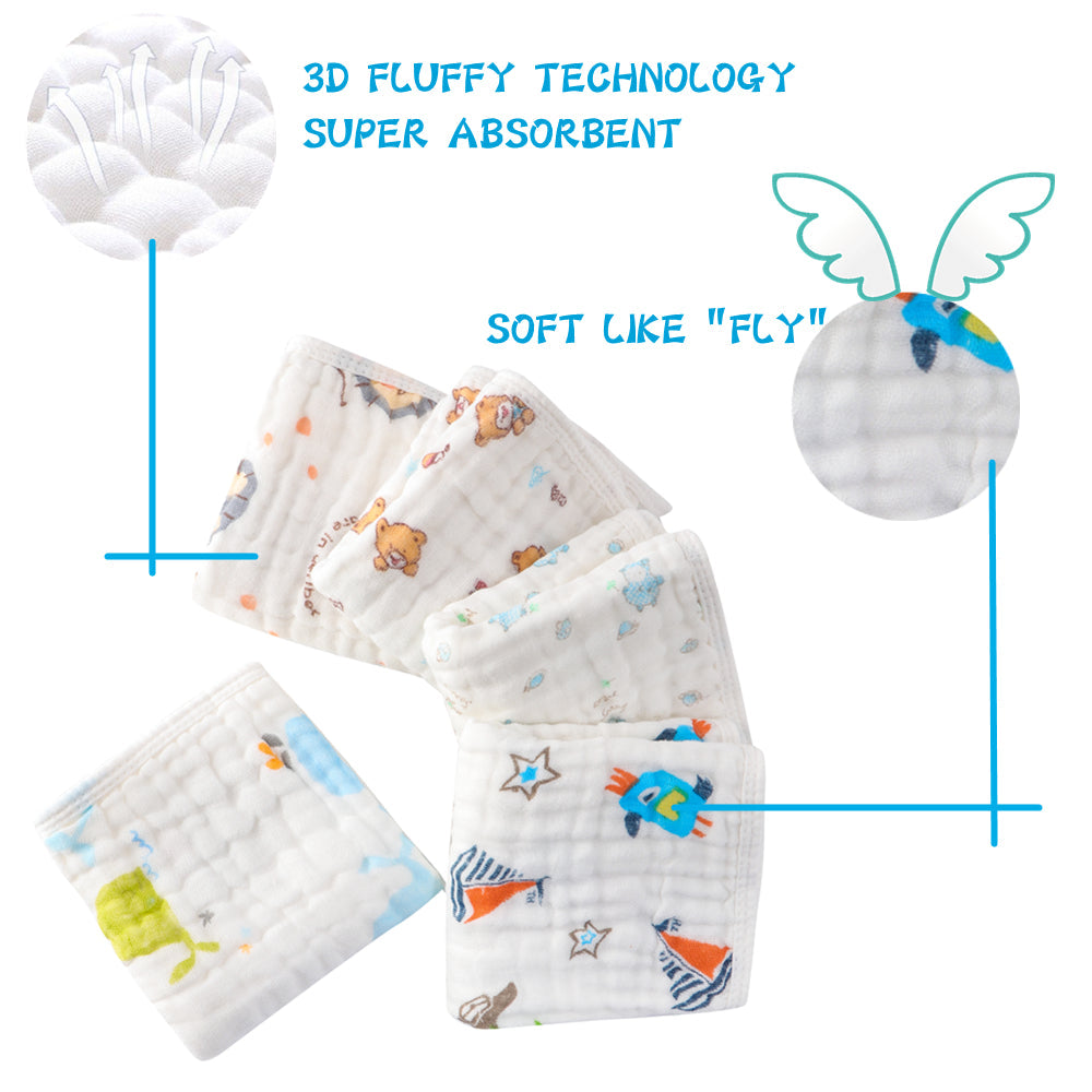 Baby burp cloths made of muslin for boys and girls, each measuring 50.8cmX25.4cm. Featuring 6 layers for extra thickness and super soft absorbency. Each pack contains 5 pieces.