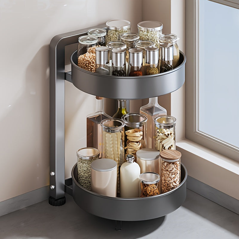 Rotating Kitchen Storage Rack for Seasonings and Condiments - Metal Organizer with Two Tiers and Powder-Coated Finish - Ideal for Jars and Sundries