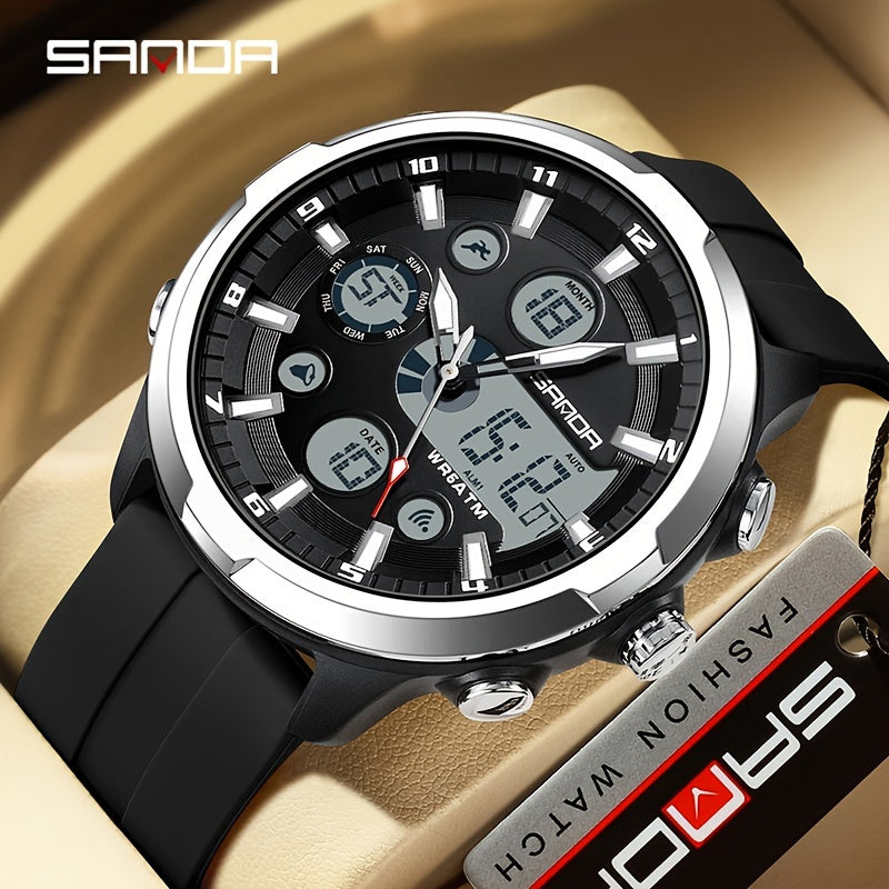 The SANDA Men's Sports Watch is a multifunctional chronograph quartz timepiece that is water-resistant up to 5ATM. Featuring a date display, round zinc alloy case, and silica gel strap, this watch is powered by an electronic drive and a non-rechargeable