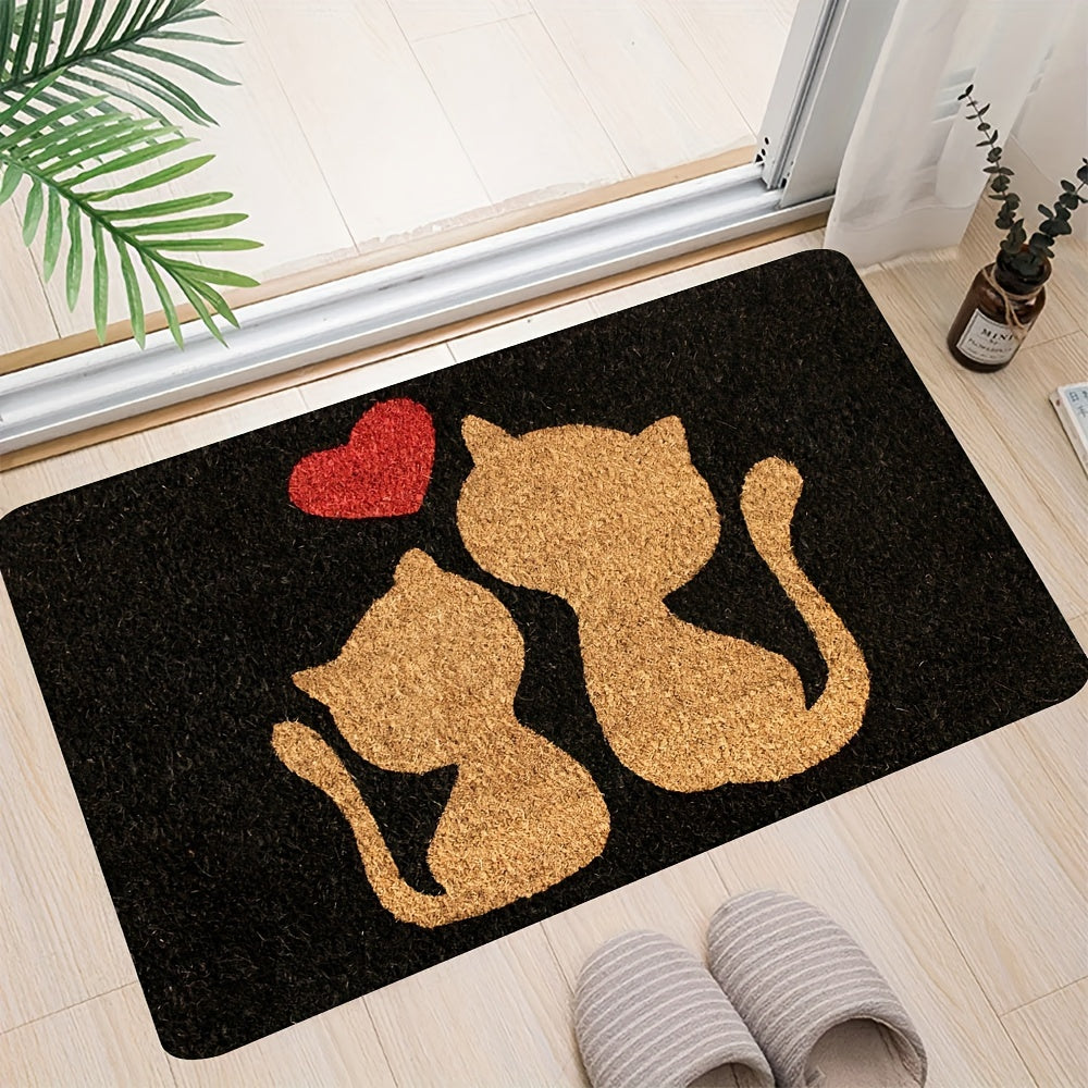 Heart Design Doormat with Cute Cat - Easy to Clean, Machine Washable, Stain Resistant, Polyester Rectangular Rug for Bedroom and Farmhouse Entryways.