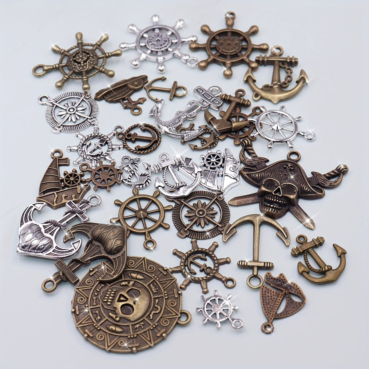 Set of 30 Assorted Pirate-themed DIY Jewelry Pendants, featuring Retro Alloy Anchor, Rudder, Compass, and Ship Wheel designs, perfect for creating Nautical Style Jewelry