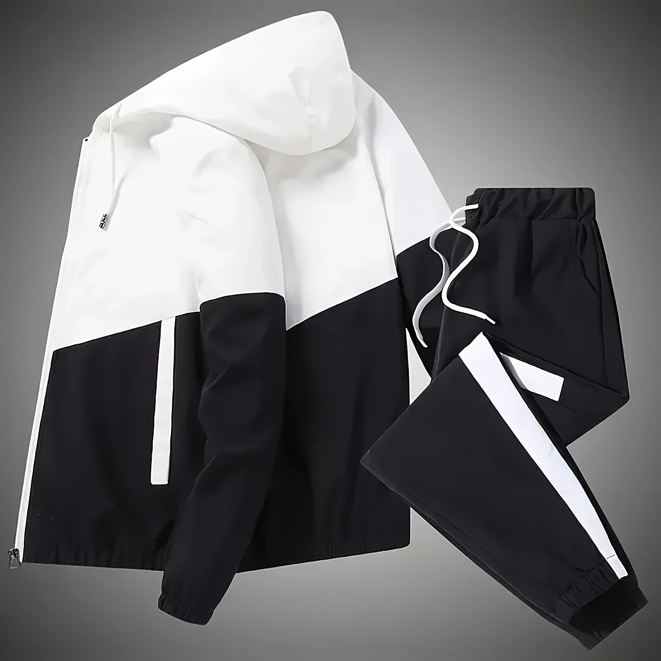 Men's sports casual suit with patchwork color, hooded jacket.