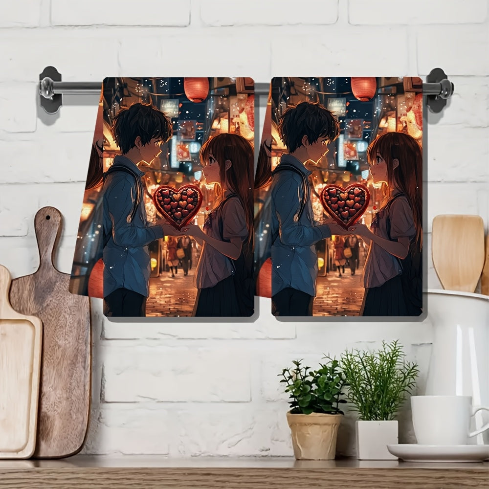 This set includes 2 ultra-soft kitchen towels with a charming design of an anime boy presenting a heart-shaped box of chocolates to a shy girl. These highly absorbent dish towels are ideal for holiday decor, easy to clean in the washing machine, and