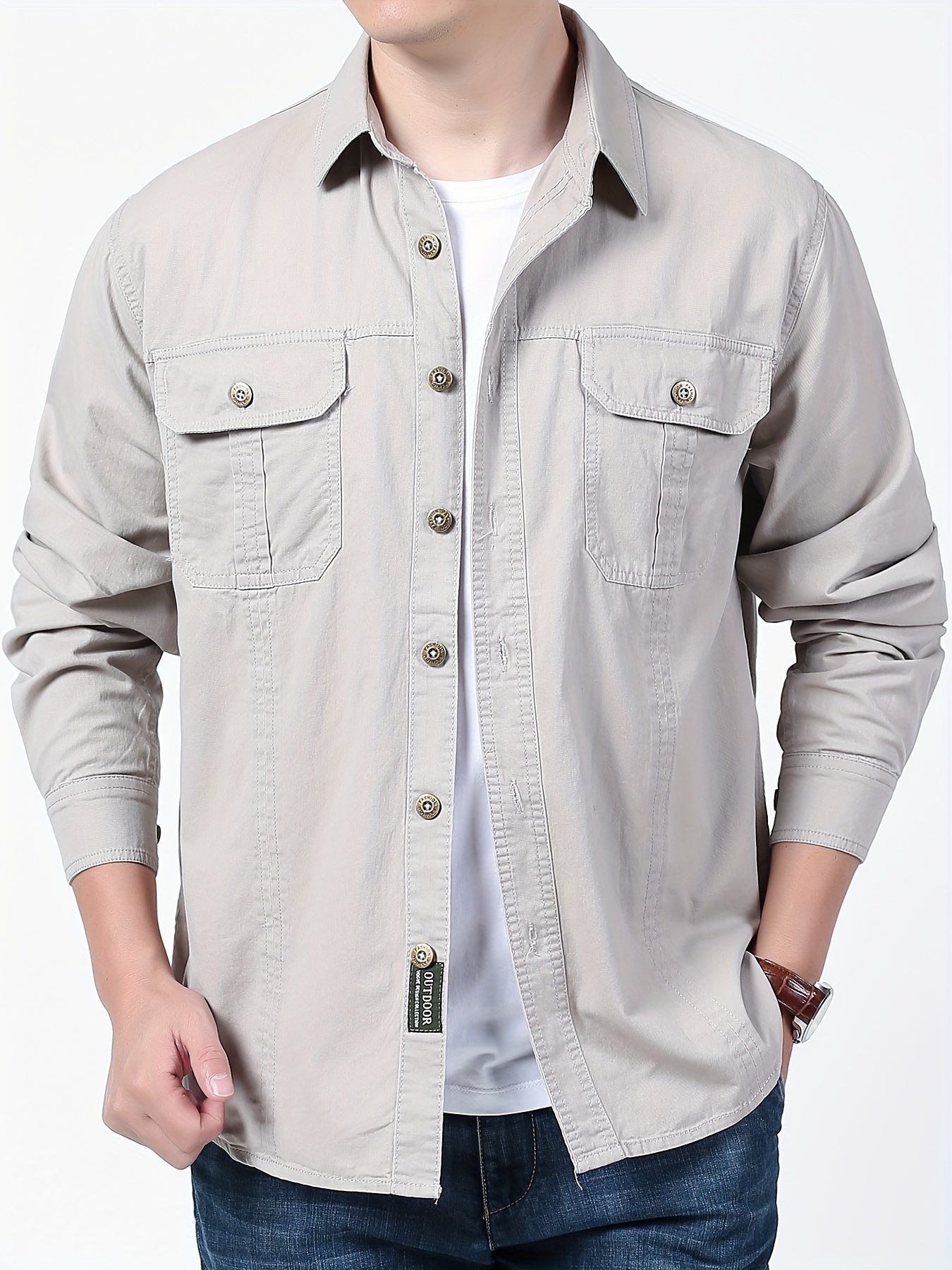 Men's Long Sleeve Cargo Shirt for Outdoor Activities in Spring and Fall