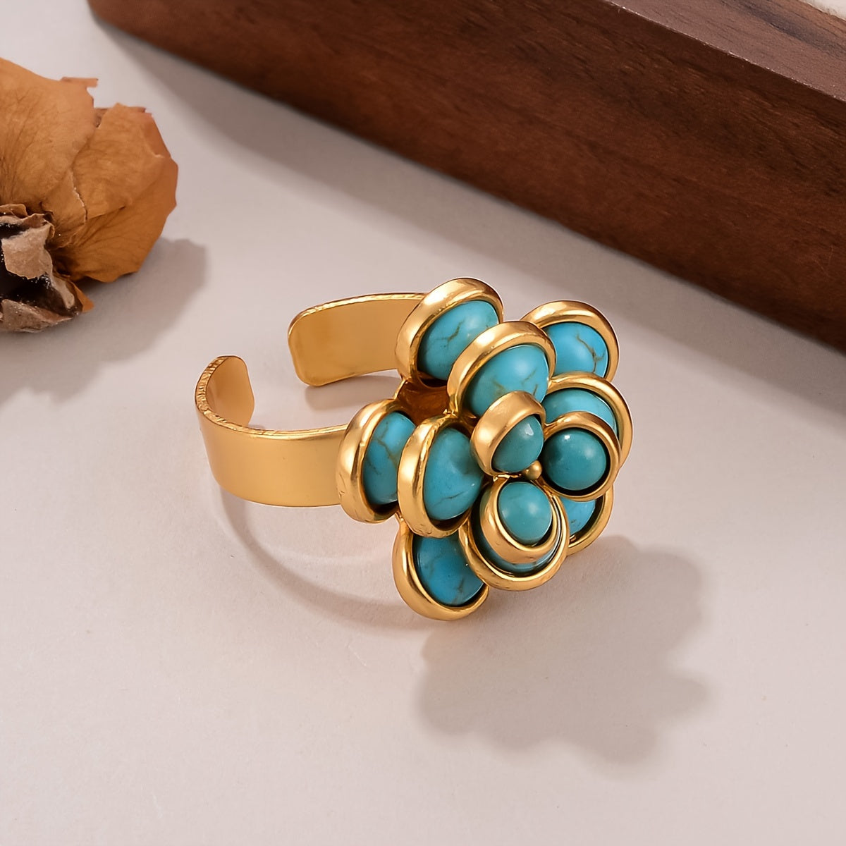 Unique Vintage Boho Style Ring with Turquoise Inlay and 18K Gold Plating - Perfect for Daily Wear and Gifting, Suitable for All Seasons - Women's Ring with One-of-a-Kind Design