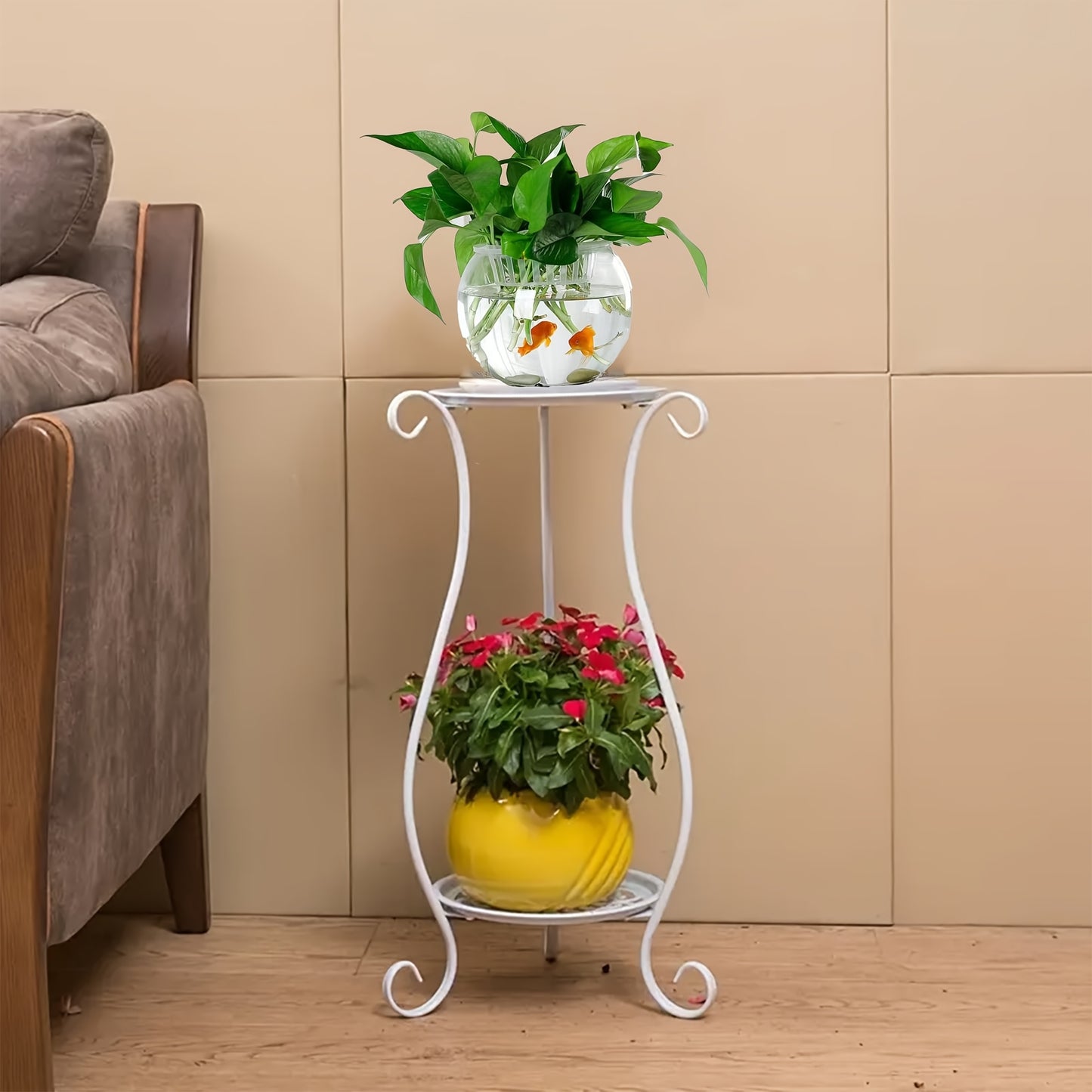 Elegant double layer metal flower stand, lightweight and durable. Suitable for both aquarium and home garden display. Perfect for indoor and outdoor plant stand with hanging flower pots.