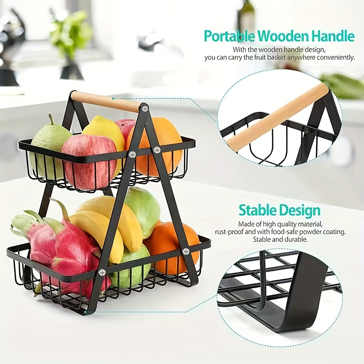 A contemporary metal fruit and vegetable basket featuring a detachable bowl-shaped storage compartment and a wooden handle for kitchen organization. Ideal for gifting during Christmas or Halloween, this handy organizer can be used on the countertop or in