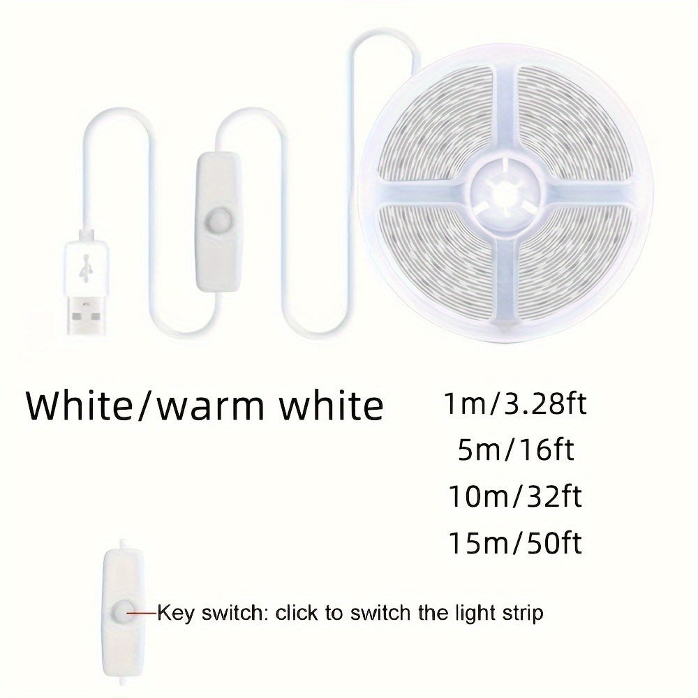 15.24m/9.75m/4.88m/99.97cm USB LED strip lights with white/warm white LEDs. Has switch button, flexible, cuttable, and can be pasted. Ideal for TV background lighting and party DIY lighting.