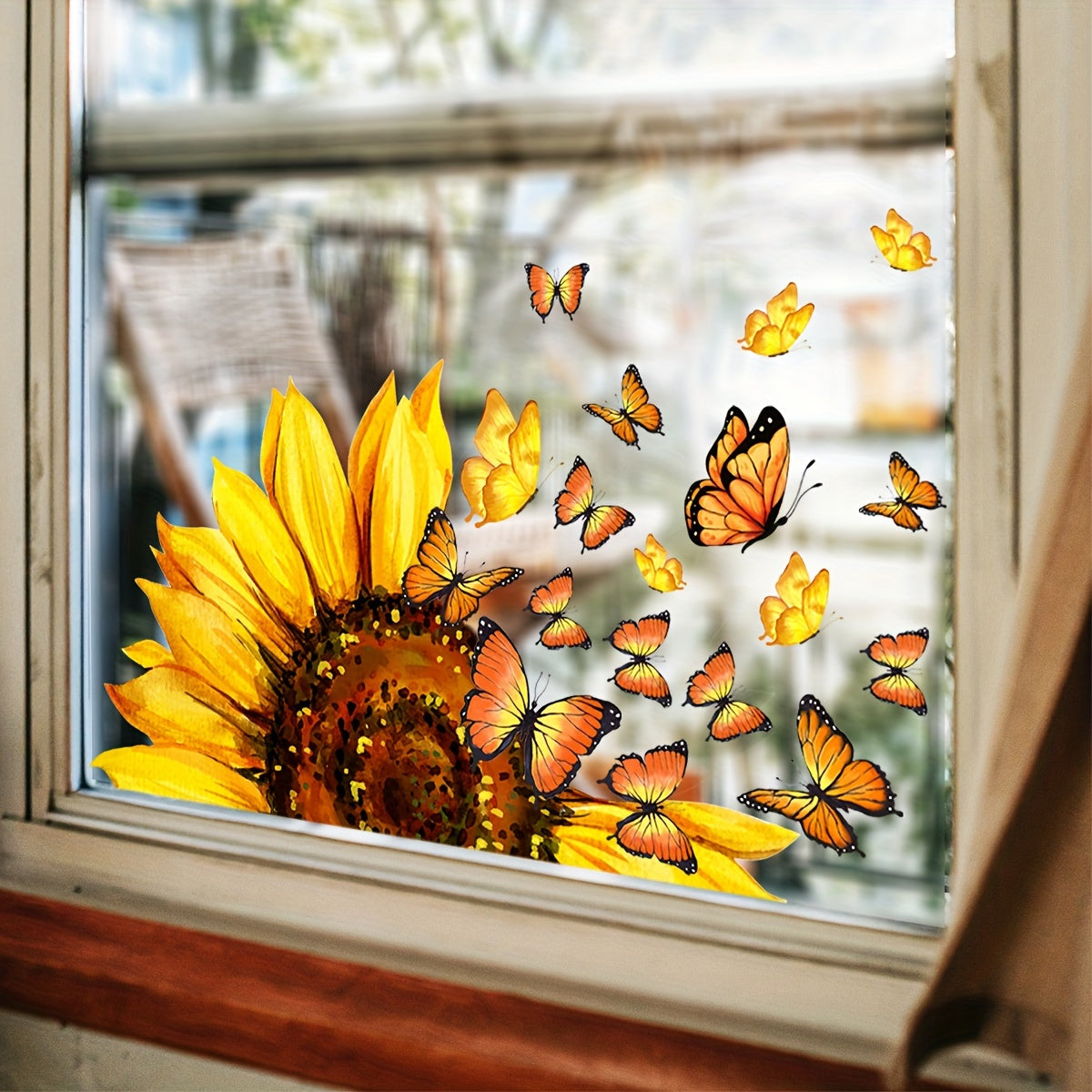 Double-Sided Window Decal featuring a Vibrant Sunflower and Butterfly Design - Made from Reusable PVC Sticker, 5mil Thick, Ideal for Bedroom and Study Glass Windows, Contemporary Floral Pattern, Adds a Butterfly Room Decor Touch.