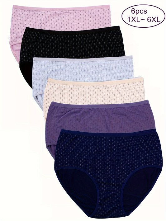 Set of 6 women's mid-rise briefs in assorted colors with polka dot design and stretch fit.