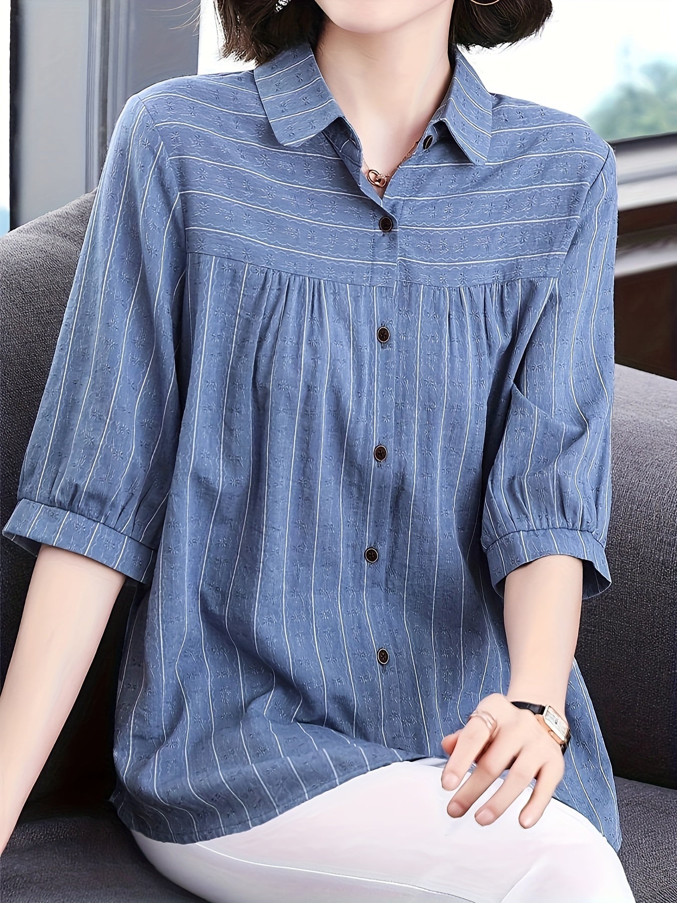 Striped print half sleeve shirt for women, perfect for spring and summer.