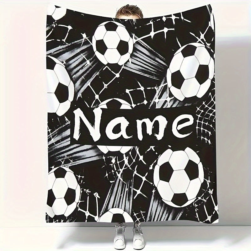 Personalized Soccer Ball Design Flannel Fleece Throw Blanket, Customizable Soft and Cozy Digital Print, Easy to Clean in Washing Machine, Modern Style, Versatile for all Seasons - Perfect for Couch, Bed, Travel, Camping, Home, or Office - 1 Piece