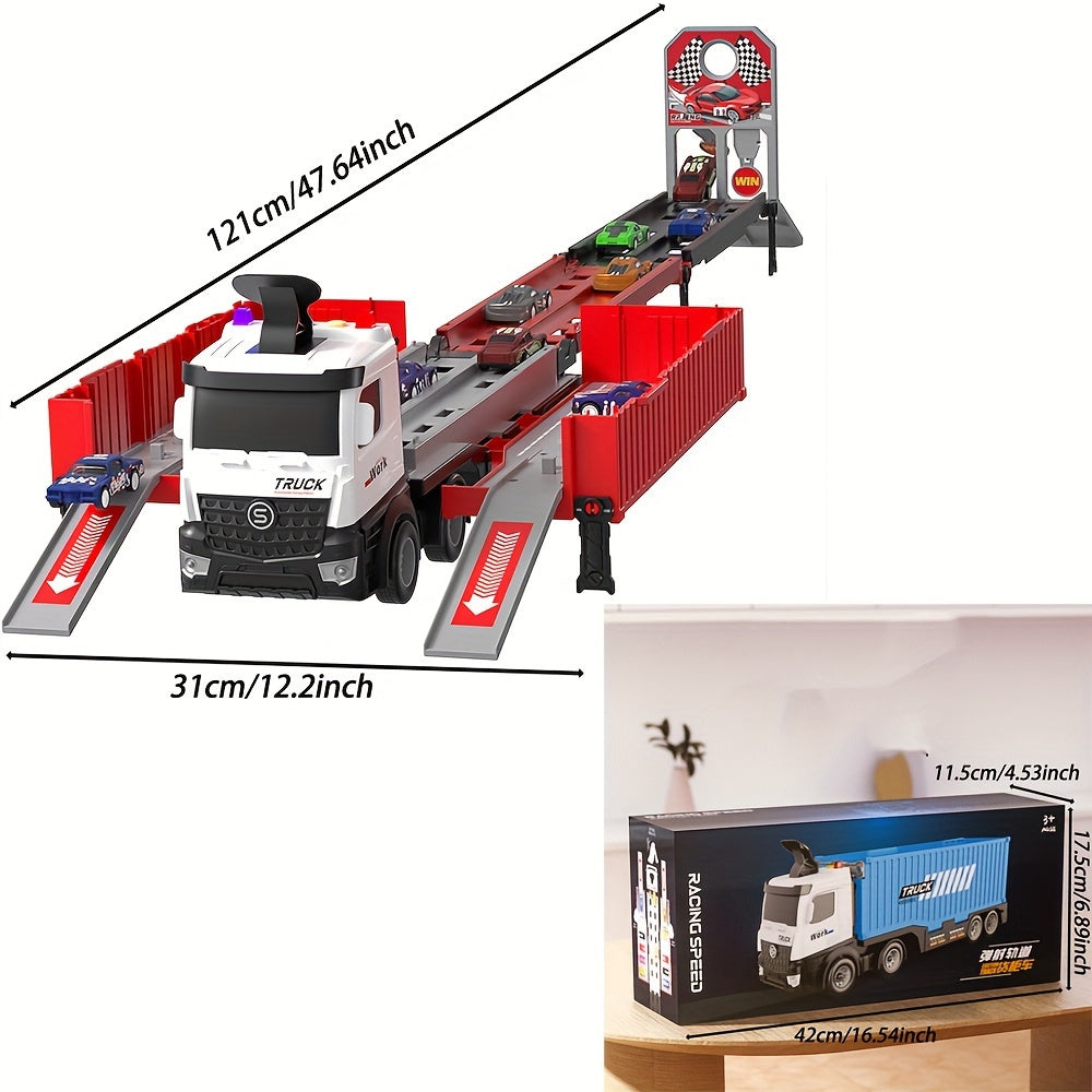 Truck Transporter with Flashing Lights, Launching Race Track, 8 Die-Cast Cars, Battery Powered, Friction Push/Pull-back Operation, Space/Military Themed Playset for Ages 3-6.