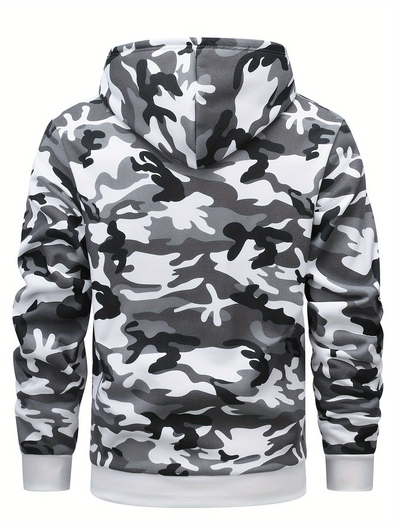 Men's camo hooded sweatshirt and pants set for outdoor activities in fall/winter. 100% polyester with drawstring pullovers and 3D printing. Suitable for hiking, camping, hunting, running