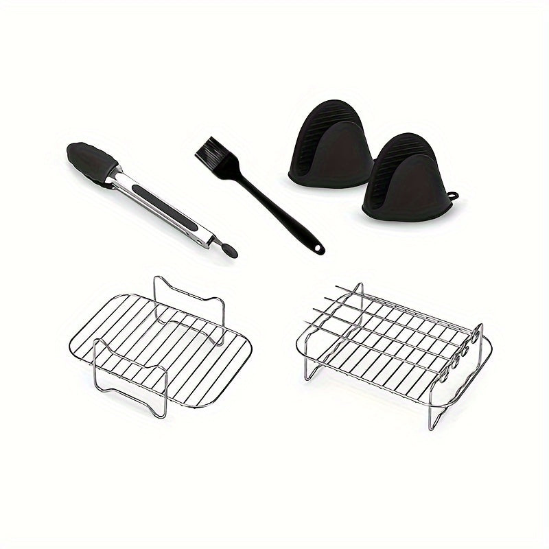 2 sets or 6 pieces of Stainless Steel Double-Layer Air Fryer Rack that can be used for various purposes, compatible with Ninja Air Fryer AF300/400/451UK, Towert17088...... Also includes 1 silicone food clip, 1 silicone oil brush, and 2 silicone gloves as