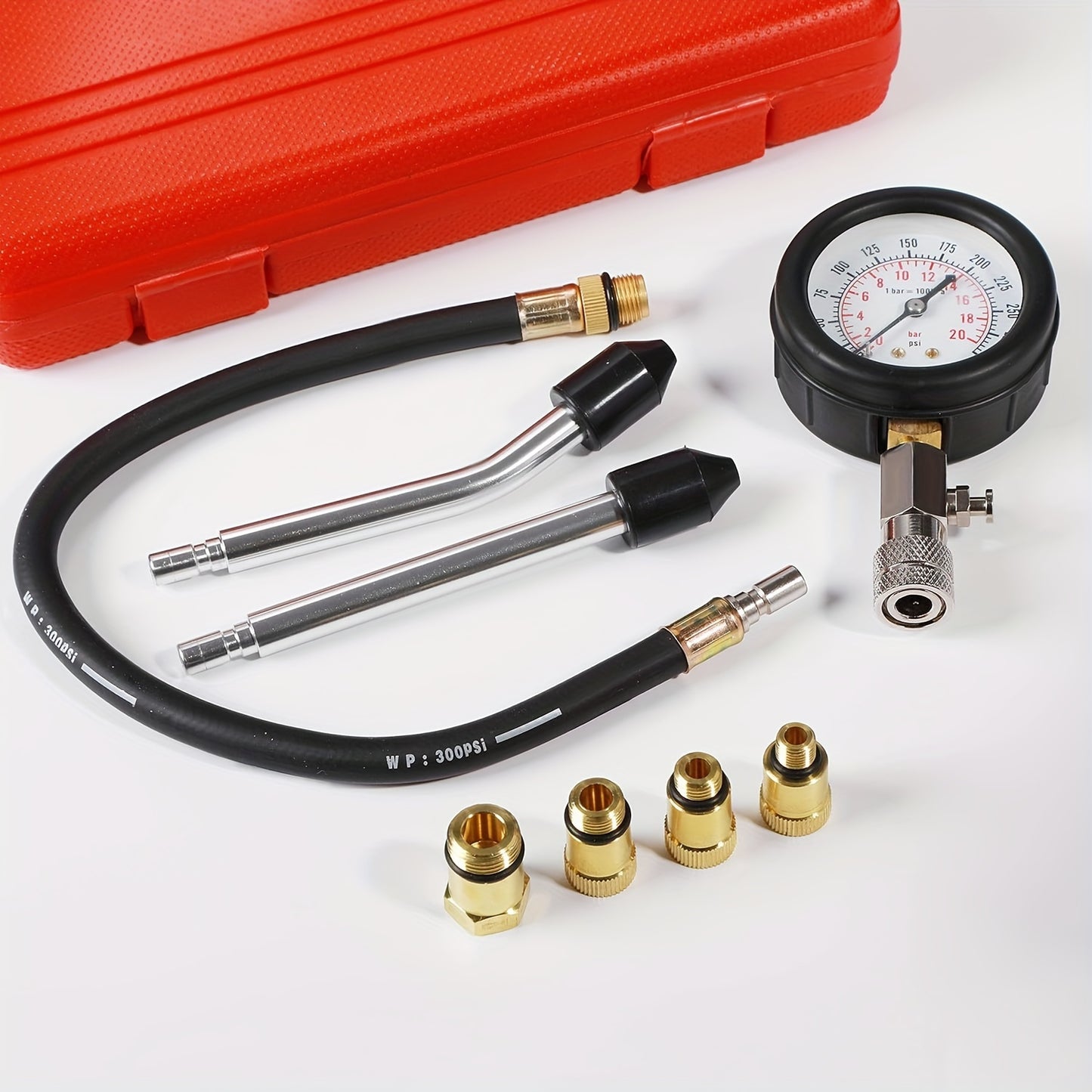 Compression tester kit for gas engines - 8 pieces, 0-300 PSI gauge, great for vehicles.