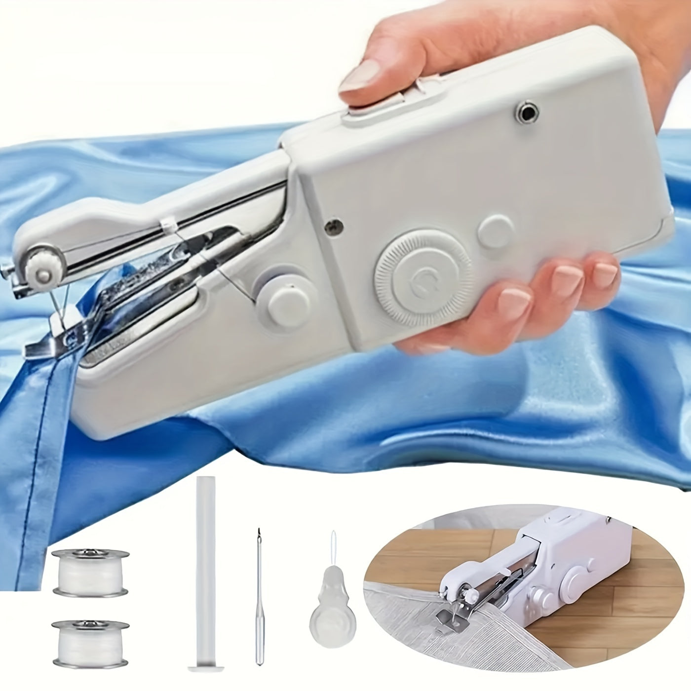 Handheld sewing machine for quick stitching on fabric and clothing. Batteries not included.