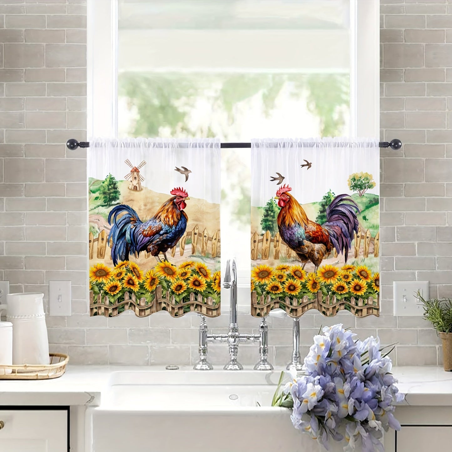 Rustic Farmhouse Chicken and Sunflower Curtain Set - 1 Valance and 2 Tiers, Pastoral Style, Rod Pocket Tulle Curtains for Bedroom, Office, Kitchen, Living Room, Study - Home Decor Window Decoration