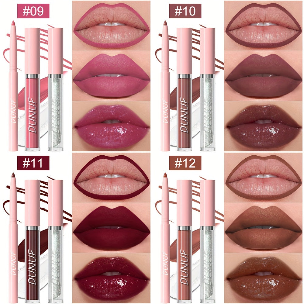 3-piece lip set with durable, waterproof, and sweat resistant formulas that are easy to apply and long-lasting. Includes lip gloss, lip liner, and lip glaze for a matte finish.