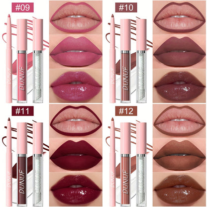 3-piece lip set with durable, waterproof, and sweat resistant formulas that are easy to apply and long-lasting. Includes lip gloss, lip liner, and lip glaze for a matte finish.