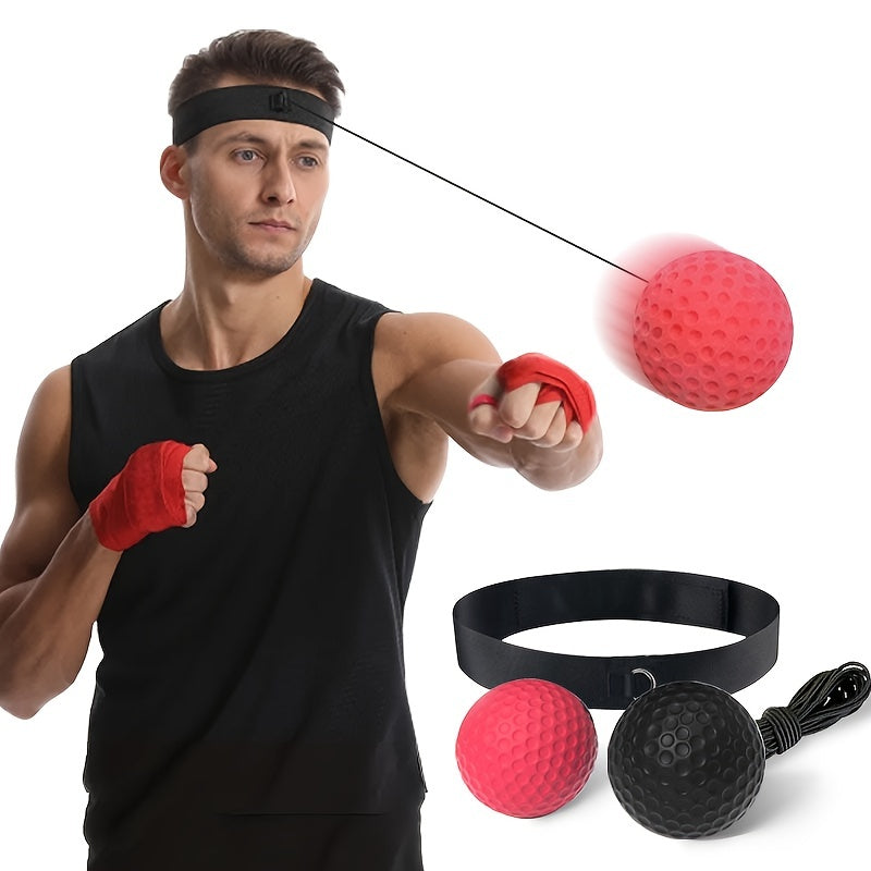 Boxing reflex ball set for adults and teens includes adjustable headband, hand wraps, and carry bag to improve hand-eye coordination, speed, and reaction time.