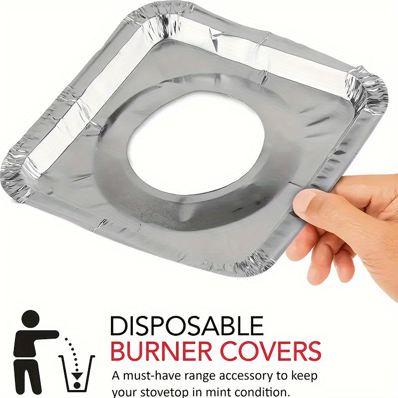 50 disposable aluminum covers designed for gas stoves, with a size of 8.5 inches square and heat-resistant properties to protect stove tops. These thick covers are ideal for use with gas stoves and can be used for various kitchen tools, supplies, and