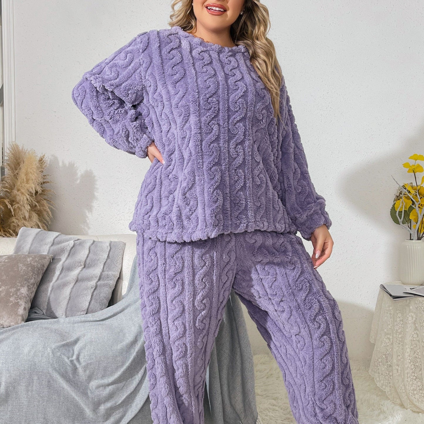 Women's Plus Size Twist Pattern Pajama Set with Flannel Top & Joggers for Fall & Winter