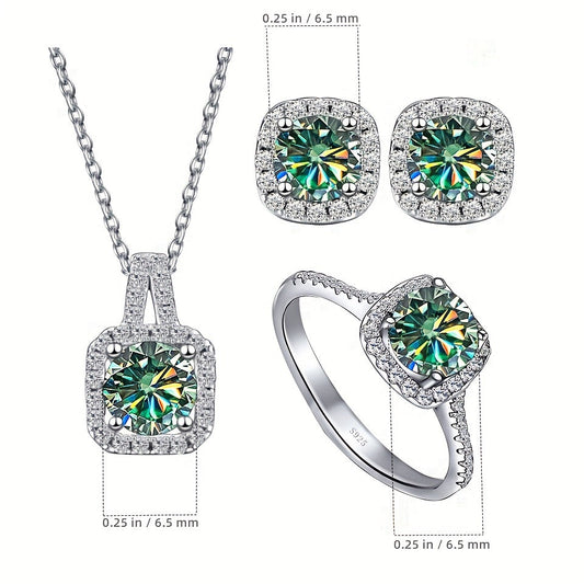 Gift your deserving lover a high-quality set of moissanite jewelry, including earrings, necklace, and ring. Each piece is inlaid with a stunning 1ct moissanite stone and crafted with 925 sterling silver.