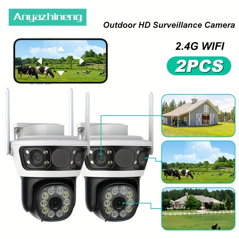 Get two Anyazhineng 1296P HD outdoor security cameras for wall hanging. These cameras are not waterproof and can be controlled through Android and an app. They feature night vision, are compatible with smartphones, have a 355° pan and 90° tilt, offer