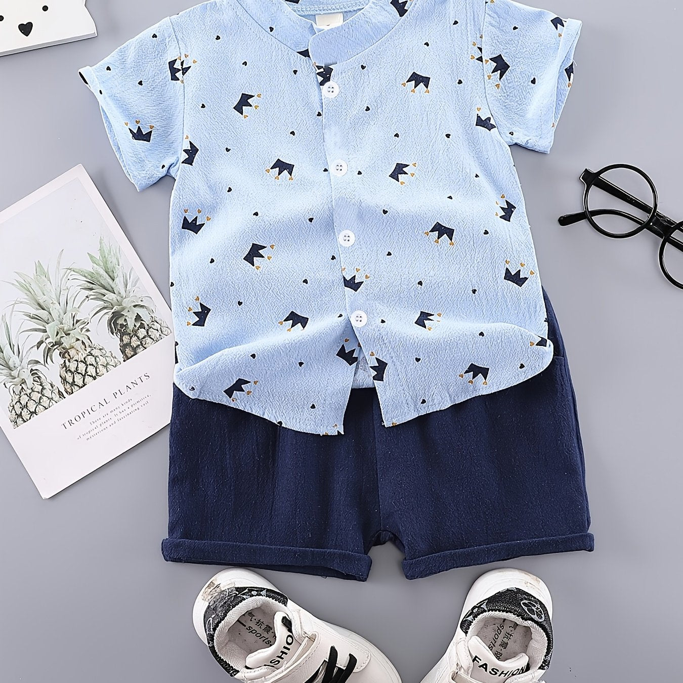 Boys' casual cotton short sets with button front stand collar shirt and shorts in geometric crown print. Made of non-stretch woven cotton-polyester blend for outdoor summer use.