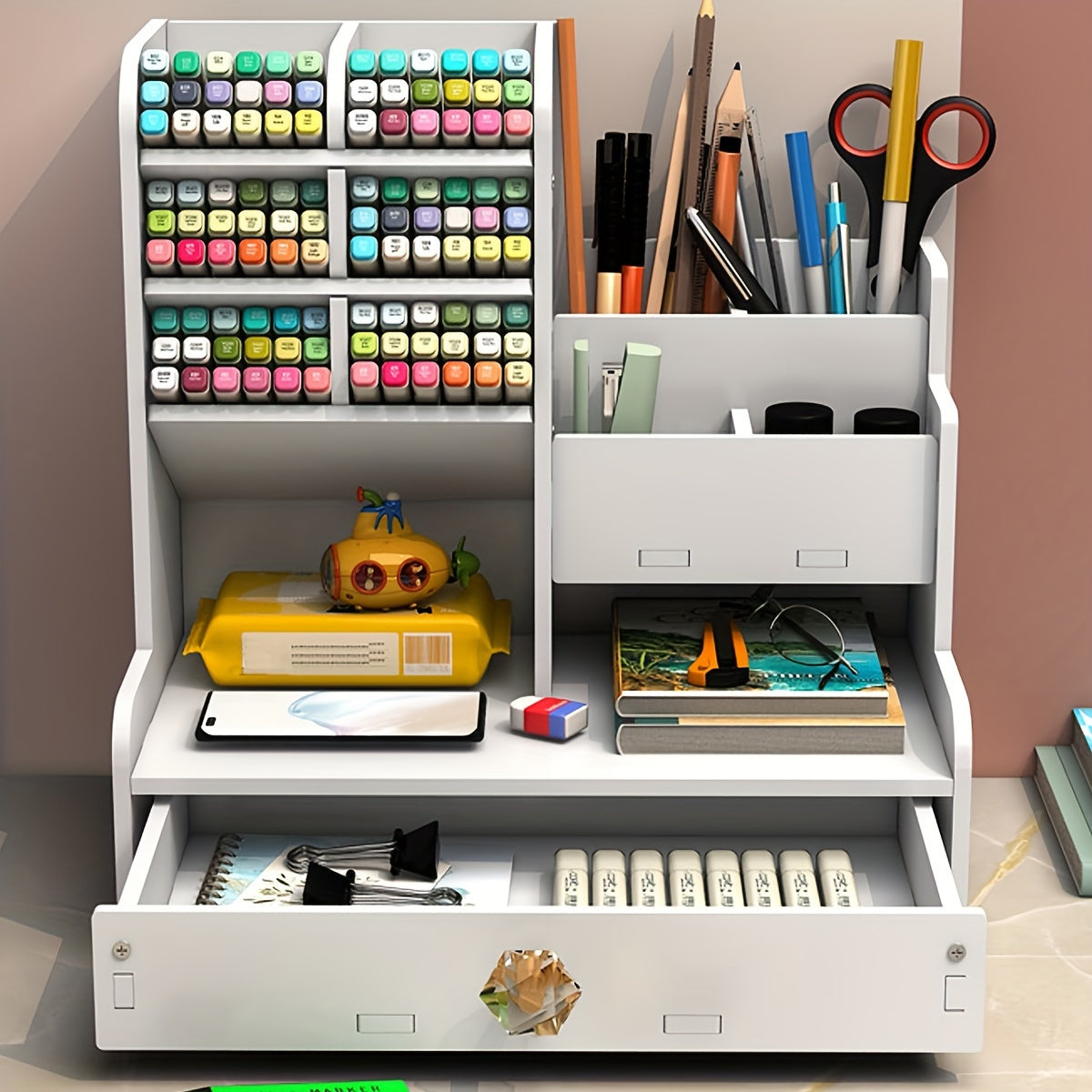 White Desktop Bookshelf with Slant Plug-in Pen Holder, Drawer and Marker Storage Box.