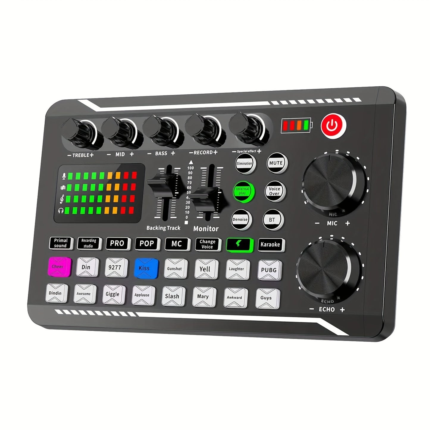 Live sound card mixer with USB charging, volume control, and battery indicator for various uses, including karaoke and video conferencing, Eid Al-Adha Mubarak!