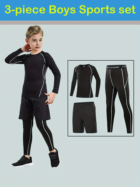 Boys' 3-piece athletic set with top, leggings, and shorts.