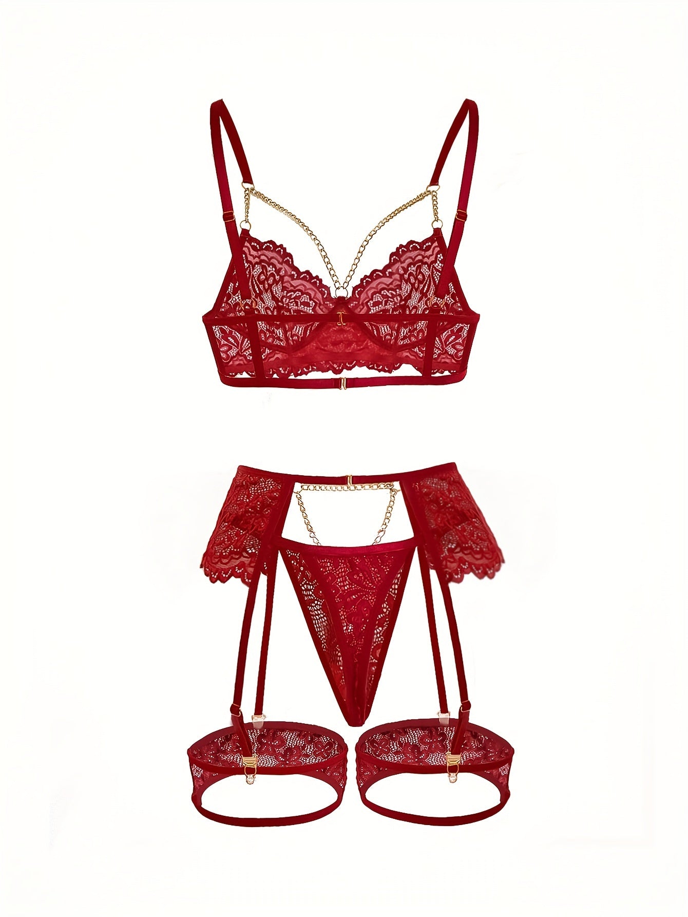 3-piece sexy lingerie set with flower lace detailing, golden chain accents, a see-through bra, thong, and garter belt.