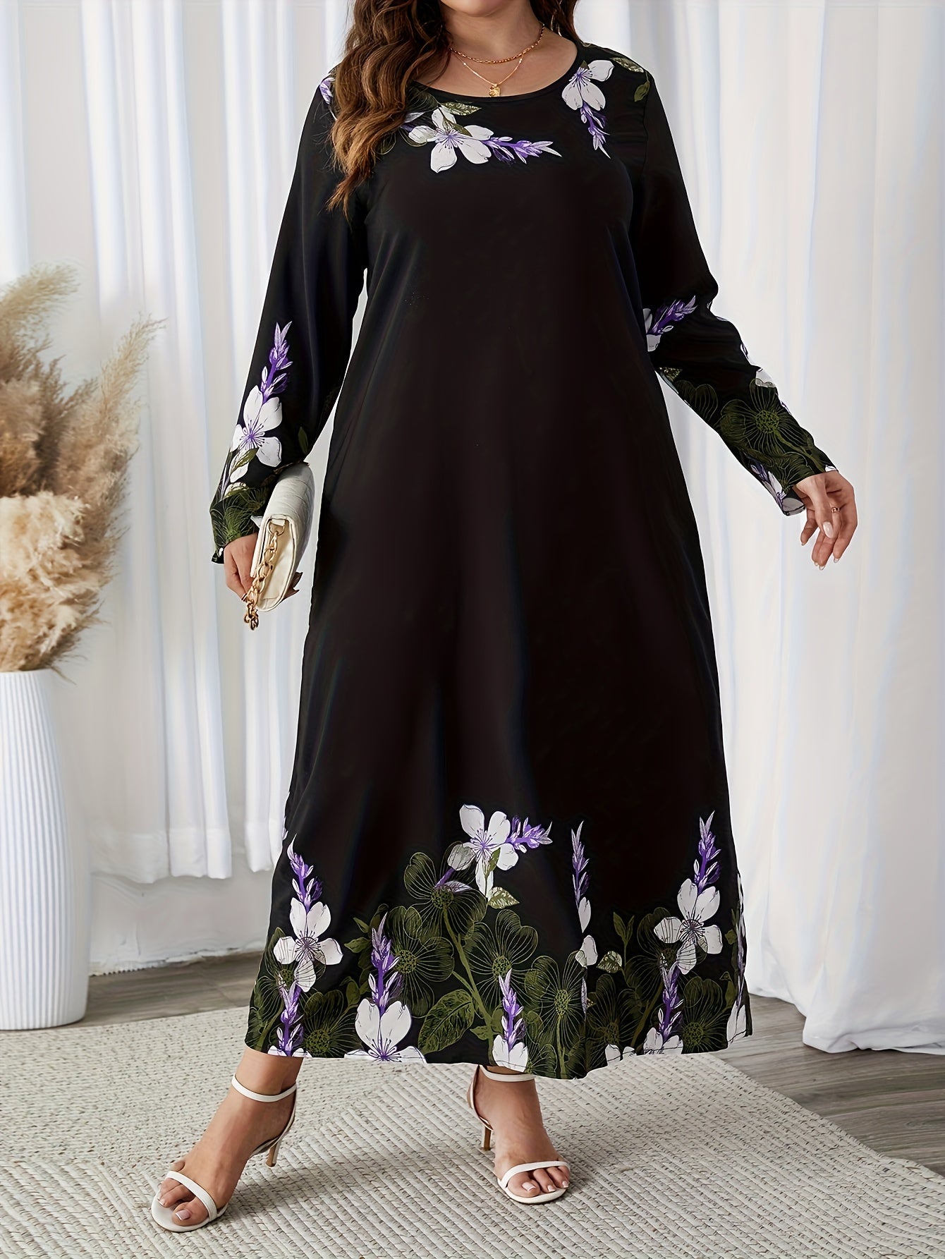 Floral Ankle Length Dress with Long Sleeves, Perfect for Spring & Fall, Plus Size Women's Clothing