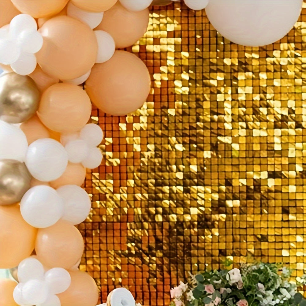 Golden sequin rain curtain for parties, no power required, ideal for birthdays and weddings.