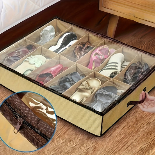 Fashionable Tan 12-Grid Transparent Shoe Storage Bag Made of Hand Washable Polyester, Dustproof and Moisture-Proof, Ideal for Under Bed Organization