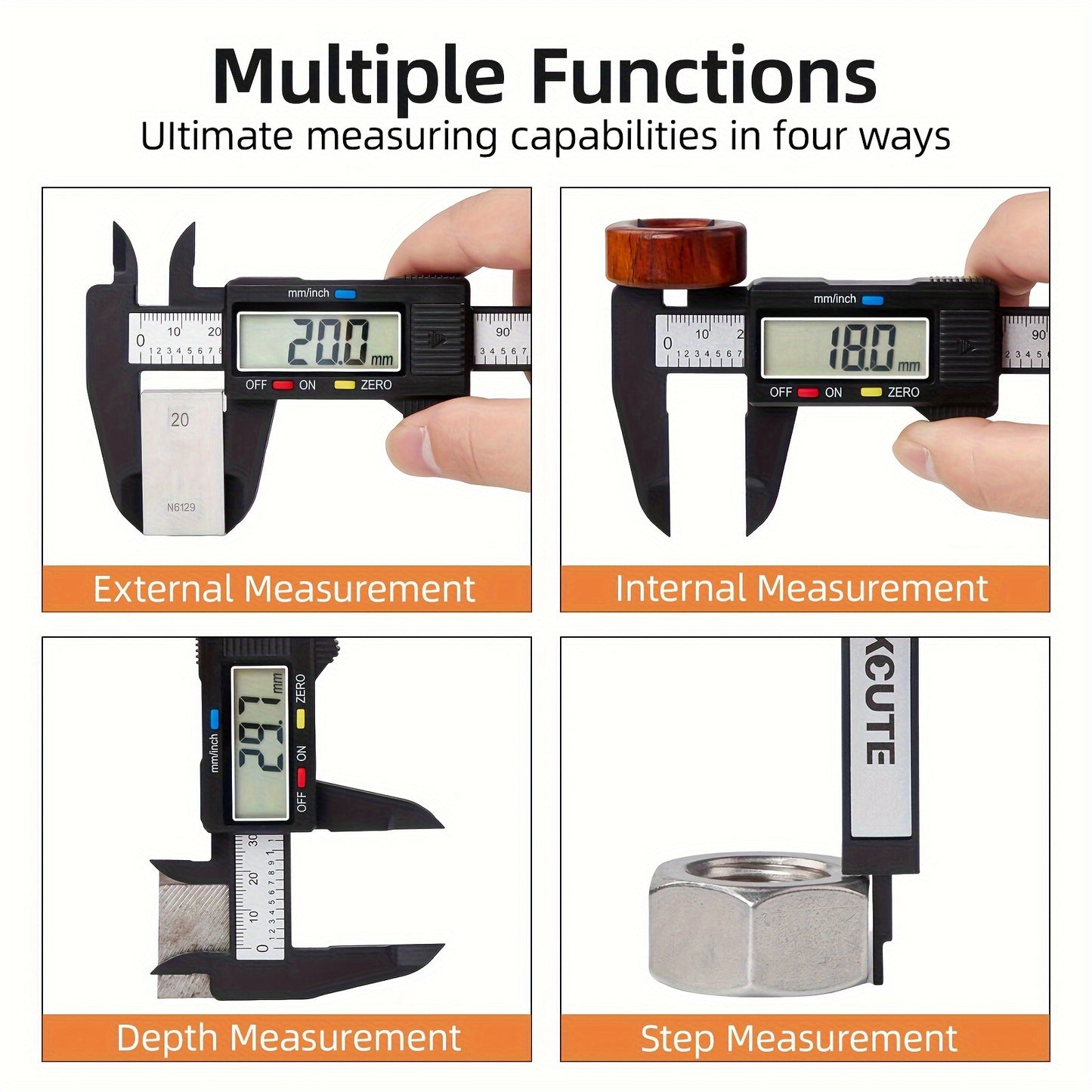 Digital caliper with LCD screen, auto-off feature, inch and millimeter conversion.