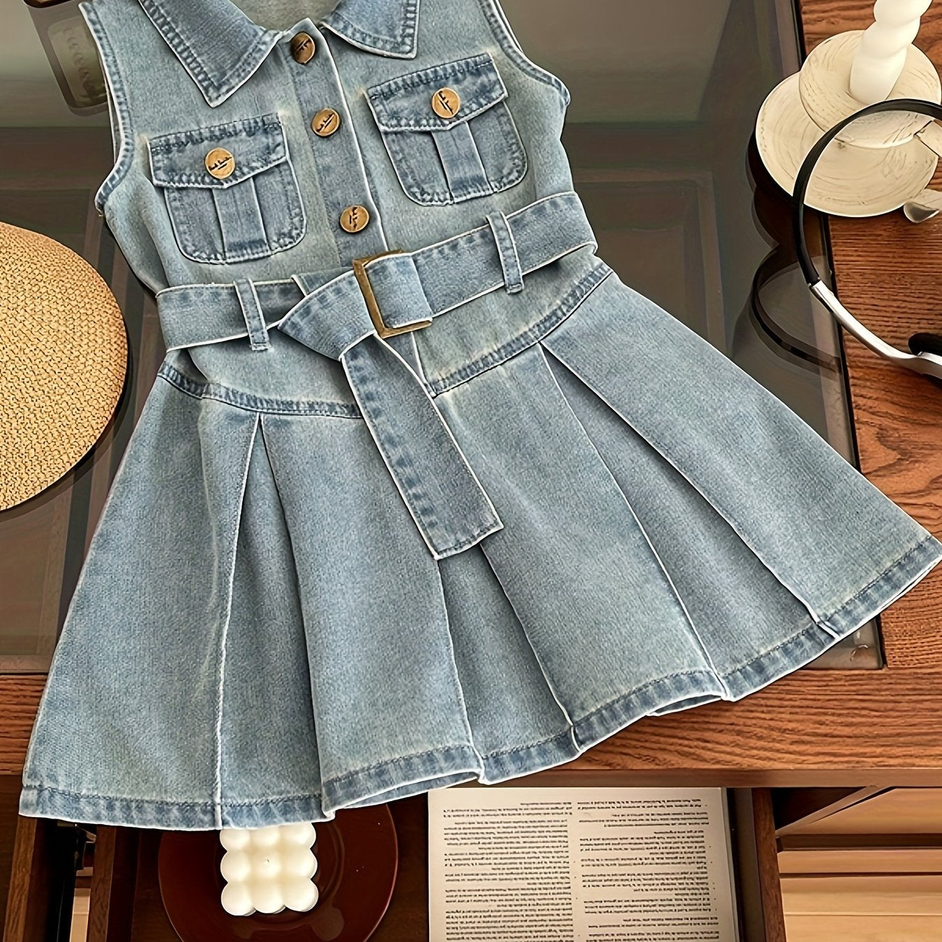 Sleeveless denim dress with waist belt for girls, summer clothing, stylish lapel