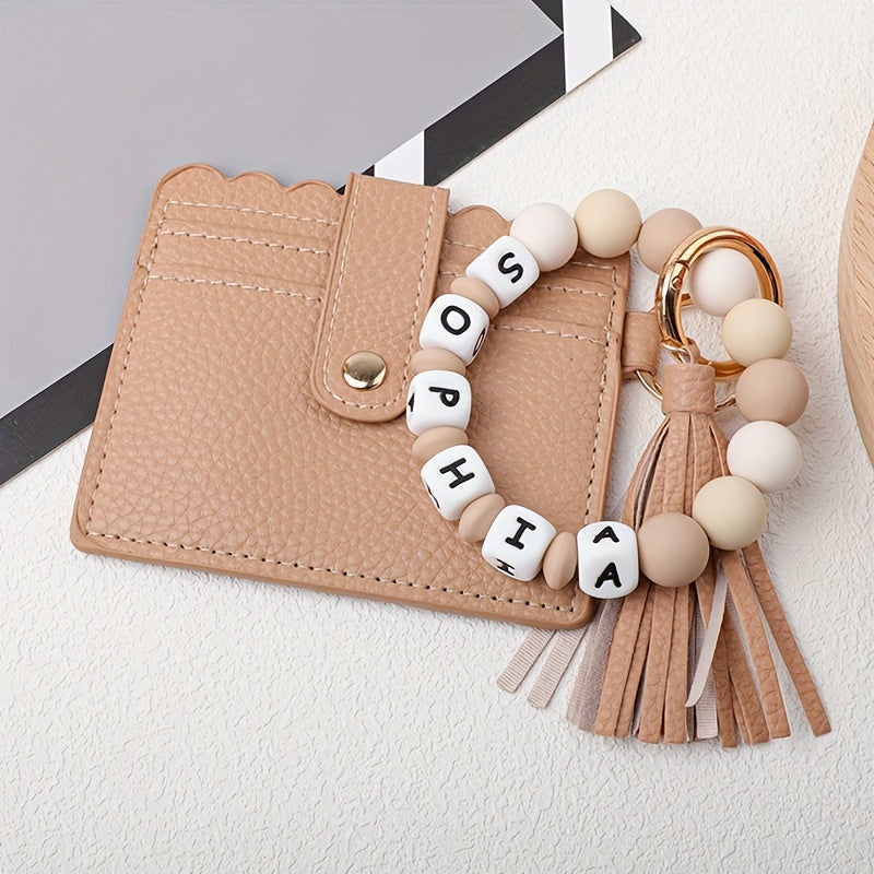 Custom PU Leather Keychain featuring Silicone Beads and Tassel - Add your Name or Initials for a Unique Touch - Great for School, Work, or Special Events