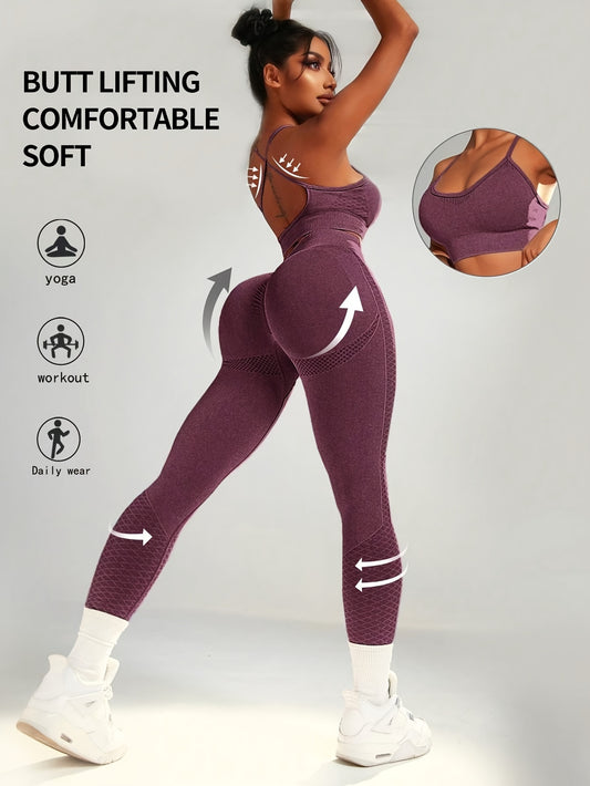 Women's Solid Color Yoga Sports Set with High Waist Tummy Control and Compression Fit, made from Knitted Breathable Fabric for Fitness and Workout.