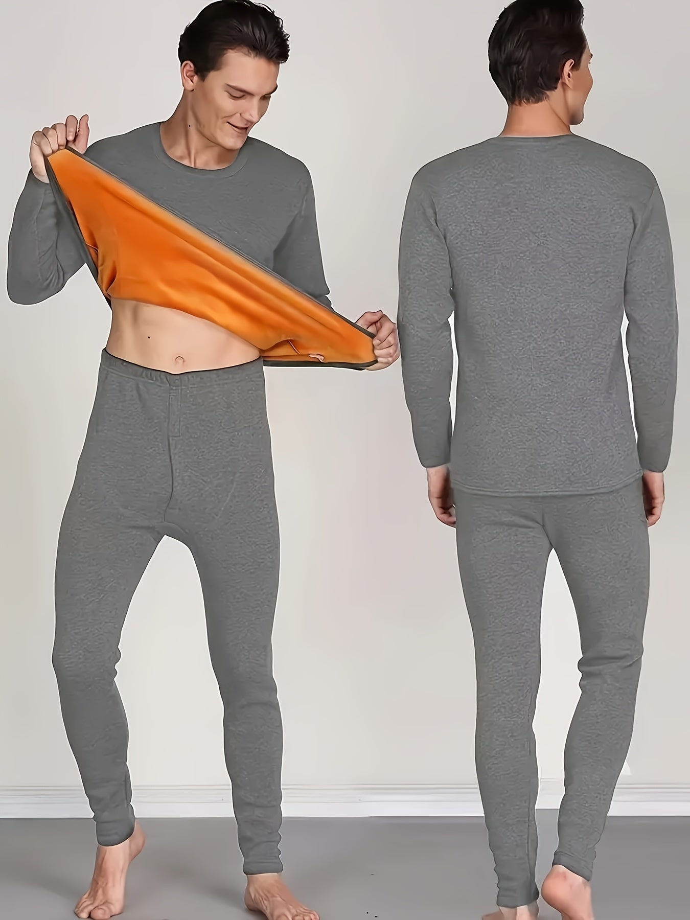 Men's winter pajama set with ultra-thick fleece, including plush long sleeve top and skinny pants. Made of 95% polyester and 5% spandex, featuring crew neck, solid color, knit fabric, and