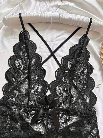 Sexy lace bow teddy with open crotch and strappy backless design, perfect for women's lingerie.