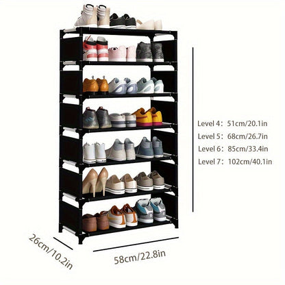 A convenient 5/7-Tier Shoe Rack designed to save space, featuring easy assembly, stackable and expandable capabilities. Made with durable fabric and metal, no batteries needed. Perfect for storing shoes in the living room, dorm, apartment, or home